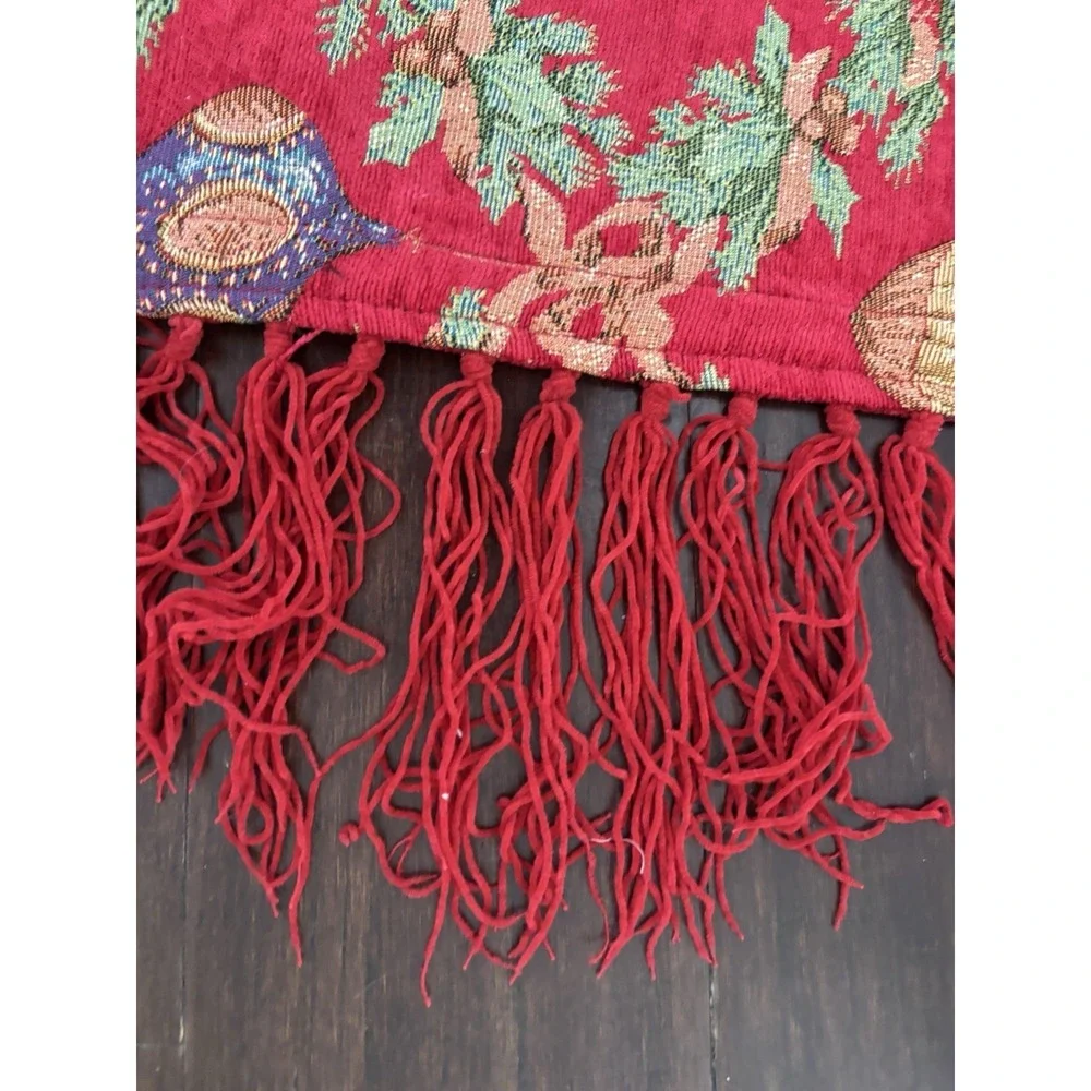 Christmas Table Topper Upholstery Fabric Fringed Holiday Bulbs Cover 49